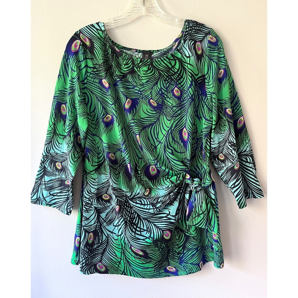 MT COLLECTION Sz XL Stretch Elbow Sleeve Top Blouse Peacock Print Waist Knot‎
